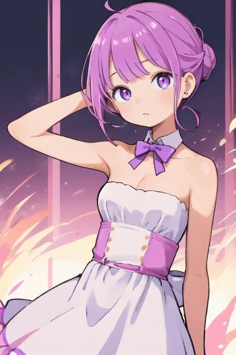 (masterpiece, high quality,:1.4), BREAK,
1girl, solo, 
gradient hair, French Twist Updo, pixie cut, iridescent eyes, muscular female, strapless dress, Cufflinks, purple bow, medium breasts,