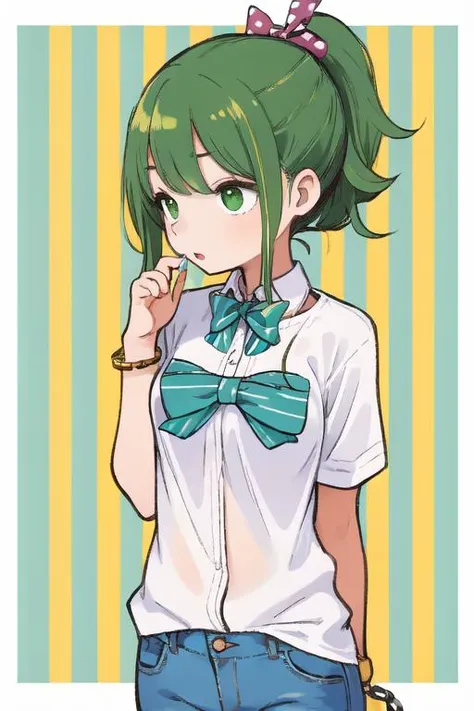 (masterpiece, high quality,:1.4), BREAK,
1girl, solo, 
green hair, Romantic Updo with Loose Curls, folded ponytail, green eyes, pale skin, striped shirt, vertical stripes, jeans, Chain Bracelet, Polka Dot Bow Tie, small breasts,
Costa Rica,