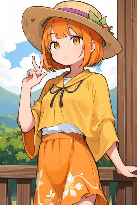 (masterpiece, high quality,:1.4), BREAK,
1girl, solo, 
orange hair, Textured Bob, swept bangs, orange eyes, tall, poncho, yellow skirt, Cowboy Hat, small breasts,
Maui, Hawaii,