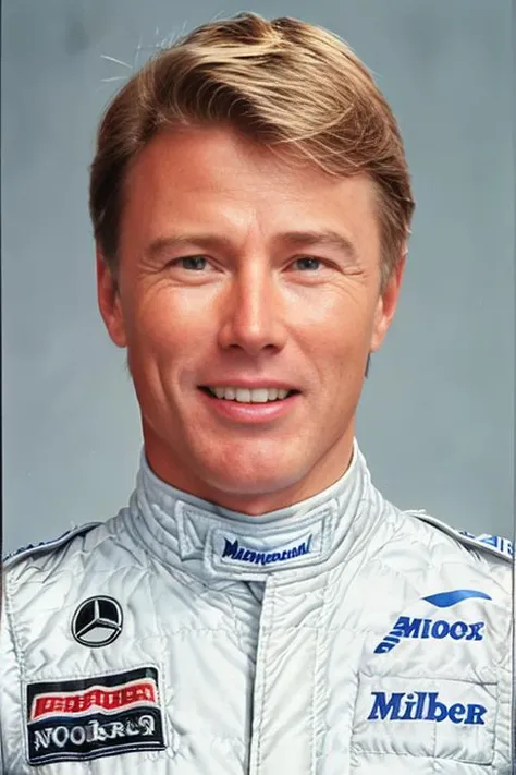 Portrait of Mika Hakkinen <lora:Mika Hakkinen V1:0.7>, racing suit, dramatic, realistic, smile, high quality, intricate details, upper body shot, 4k, film grain, 1990's