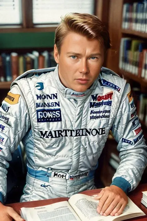 Photograph of Mika Hakkinen <lora:Mika Hakkinen V1:0.7>, racing suit, dramatic, realistic, frown, high quality, intricate details, upper body shot, reading book, sitting in public library, indoors, dark lighting, 4k, film grain, 1960's, retro