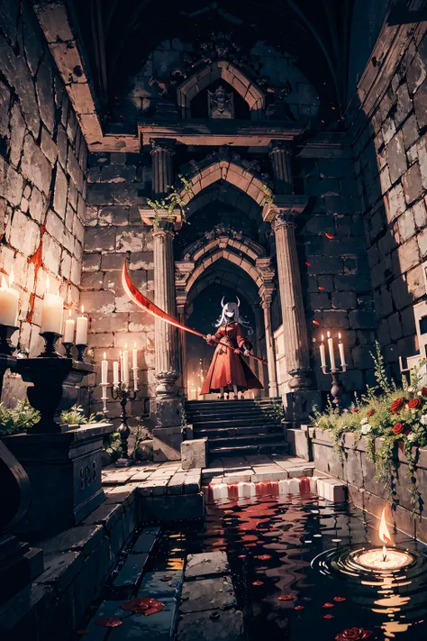 <lora:flat2:0><lora:flatBG:0>
from below,full body,best quality,(wide Shot,masterpiece,ultra detailed 8k art),best hands,(horns,focus 1 Girl of Death),(cmulti colored hair:1.3), low twintails,evil smile,glowing yellow eyes,Black dress,(Grab the golden grim reaper's scythe),grim reaper BREAK
People bow down around the god of death. People begging for their lives BREAK
(red pool,last judgment:1.4),Summoning demons,A red pool with floating white petals,Many candles placed at the edge of the pool,magic, scary,Wall with mysterious carvings,gothic,catacombs,Rose,labyrinth, complex building
