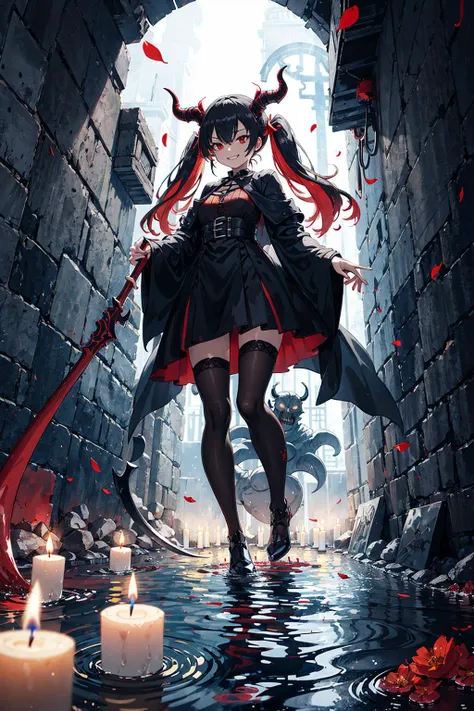 <lora:flat2:0><lora:flatBG:0>
from below,full body,best quality,(wide Shot,masterpiece,ultra detailed 8k art),best hands,(horns,1 girl,solo),(cmulti colored hair:1.3), low twintails,evil smile,red eyes,Black dress,(Grab the golden grim reaper's scythe) BREAK
(red pool:1.4),Summoning demons,The lower body is soaked in a red pool,A red pool with floating white petals,Many candles placed at the edge of the pool,magic, scary,
Wall with mysterious carvings,gothic