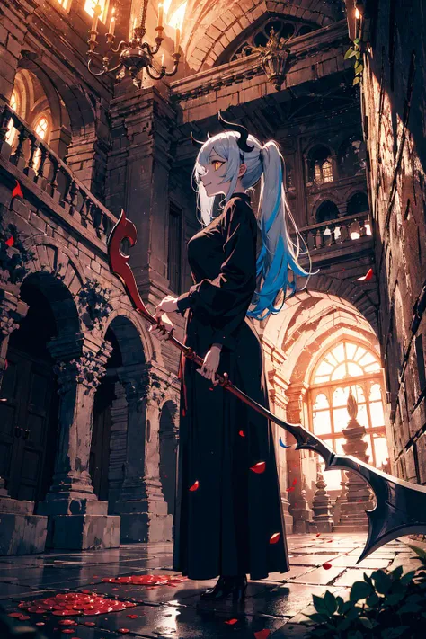 <lora:flat2:0><lora:flatBG:0>
from below,full body,best quality,(wide Shot,masterpiece,ultra detailed 8k art),best hands,(horns,focus 1 Girl of Death face),(cmulti colored hair:1.3), low twintails,evil smile,glowing yellow eyes,Black dress,(Grab the golden grim reaper's scythe,profile face) BREAK
(red pool,last judgment:1.2),red pool with floating white petals, scary,Wall with mysterious carvings,gothic,catacombs,Rose,labyrinth, complex building,High ceilings, large spaces, domes