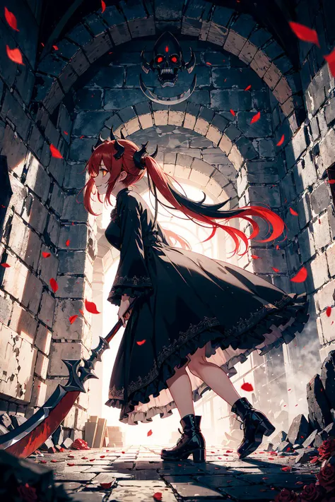 <lora:flat2:0><lora:flatBG:0>
from below,full body,best quality,(wide Shot,masterpiece,ultra detailed 8k art),best hands,(horns,focus 1 Girl of Death face),(cmulti colored hair:1.3), low twintails,evil smile,glowing yellow eyes,Black dress,(Grab the golden grim reaper's scythe,profile) BREAK
(red pool,last judgment:1.2),red pool with floating white petals, scary,Wall with mysterious carvings,gothic,catacombs,Rose,labyrinth, complex building