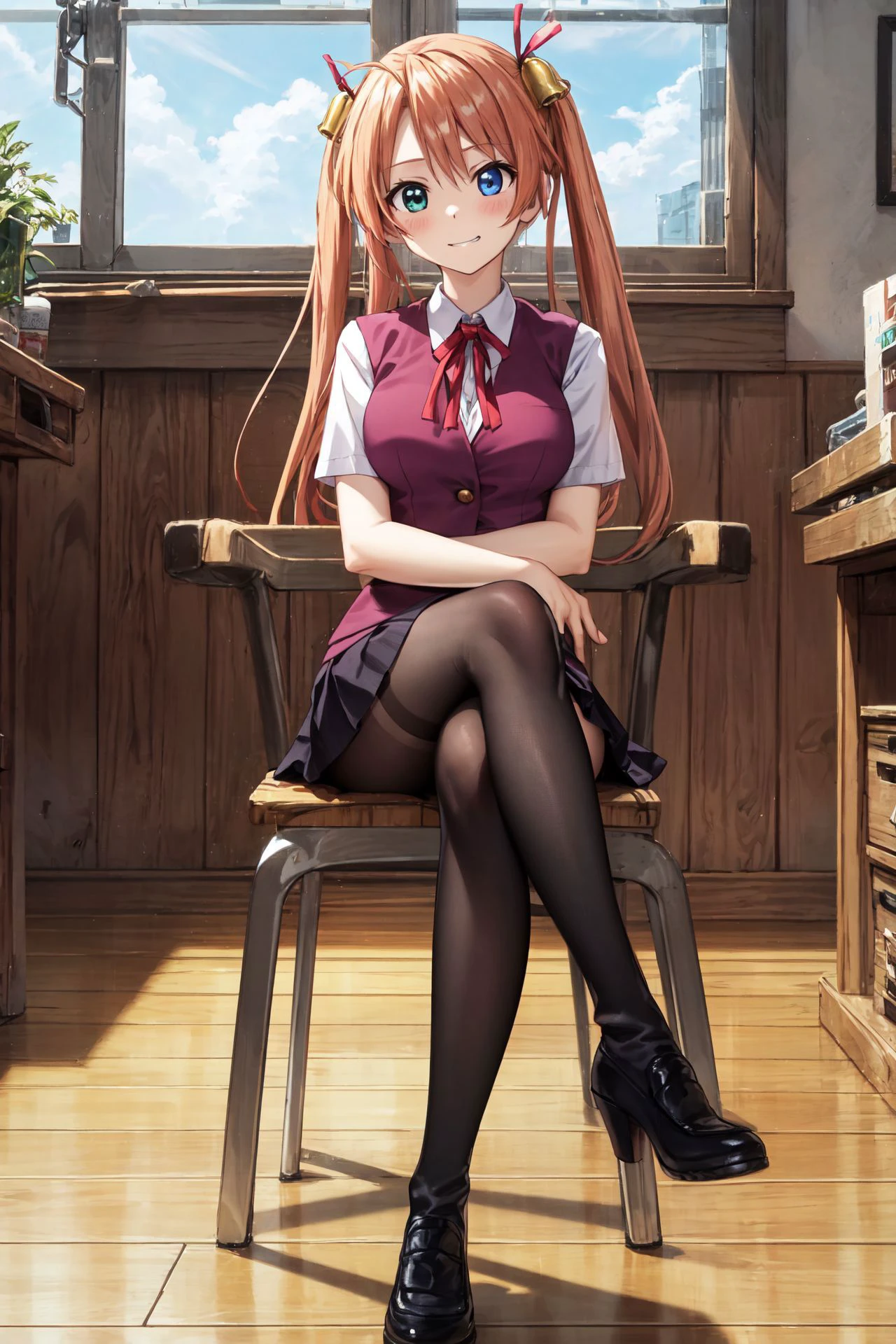 nsfw,
BREAK
(absurdres:1.1, highres:1.1, ultra detailed:1.1),
(high resolution:1.1, ray tracing:1.1, refraction:1.1), (dynamic angle:1.1),
BREAK
(1girl:1.1), (solo:1.3),
BREAK
<lora:kagurazaka_asuna:0.7>,
aaasuna,heterochromia,long hair,ahoge,twintails,hair bell,
school uniform, pantyhose, (high heels:1.1), sleeveless, armless
BREAK
(smile :1.1),
(closed mouth:1.4),
BREAK
Authentic skin texture, Smooth skin,
BREAK
shiny sun lighting,
BREAK
cowboy shot,
BREAK
BREAK
(crossed legs:1.1),
BREAK
indoors,
BREAK
<lora:flatBG:-0.4>,
<lora:GoodHands-vanilla:1>,
nice hands, perfect hands,
BREAK
wakame