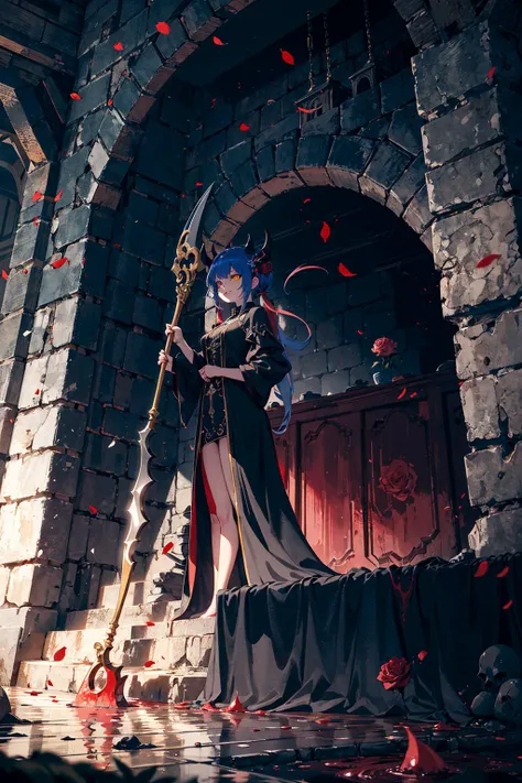 <lora:flat2:0><lora:flatBG:0>
from below,full body,best quality,(wide Shot,masterpiece,ultra detailed 8k art),best hands,(horns,focus 1 Girl of Death face),(cmulti colored hair:1.3), low twintails,evil smile,glowing yellow eyes,Black dress,(Grab the golden grim reaper's scythe,profile face) BREAK
(red pool,last judgment:1.2),red pool with floating white petals, scary,Wall with mysterious carvings,gothic,catacombs,Rose,labyrinth, complex building,High ceilings, large spaces, domes