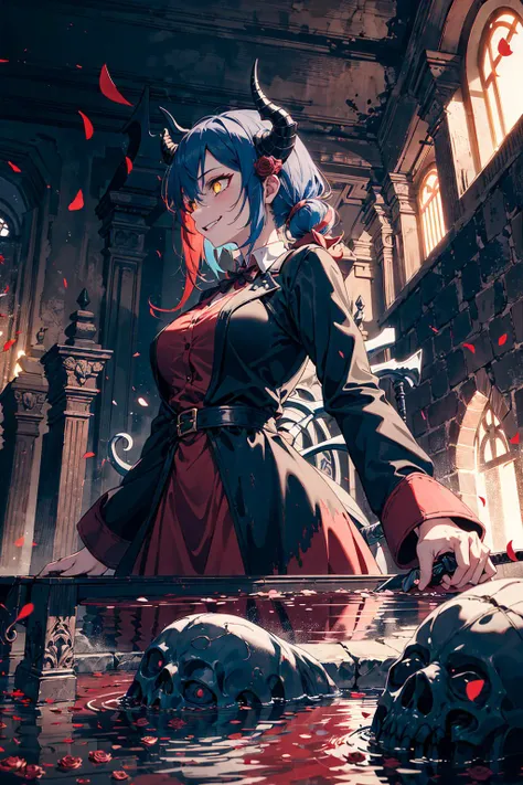 <lora:flat2:0><lora:flatBG:0>
from below,best quality,(wide Shot,masterpiece,ultra detailed 8k art),best hands,(horns,focus 1 Girl of Death face),(cmulti colored hair:1.3), low twintails,evil smile,glowing yellow eyes,Black dress,(Grab the golden grim reaper's scythe,profile face) BREAK
(red pool,last judgment:1.2),red pool with floating white petals, scary,Wall with mysterious carvings,gothic,catacombs,Rose,labyrinth, complex building,High ceilings, large spaces, domes