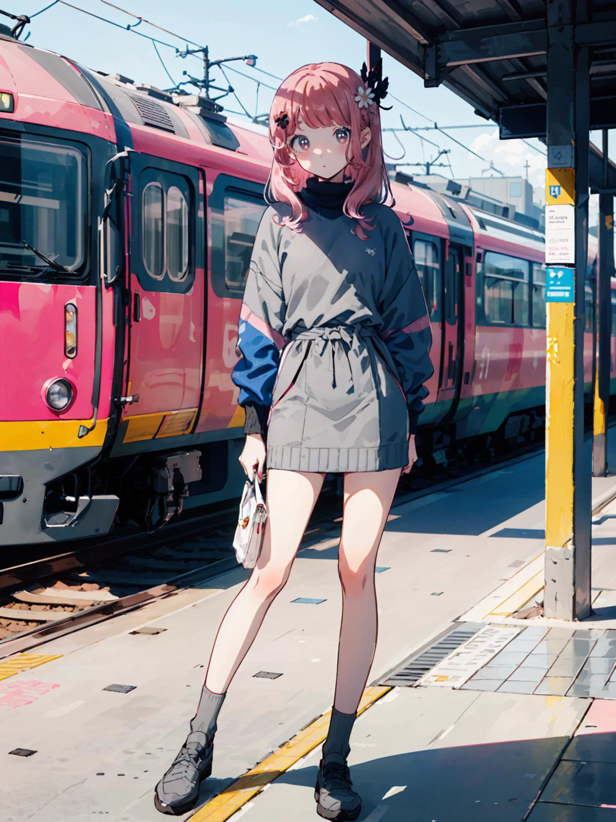 (dappled sunlight, ),(((1girl,pink hair,gray eyes,hair ornament,fullbody shot))),(long hair,swept bangs),(slim fit clothes),(Pastel colors:1.6,clear sky,derby shoes,daisy,train station ) <lora:oiled skin:0.2> <lora:animeoutlineV4_16:0.2> <lora:flat2:-0.3> <lora:flatBG:0.3> <lora:keke:0.7>