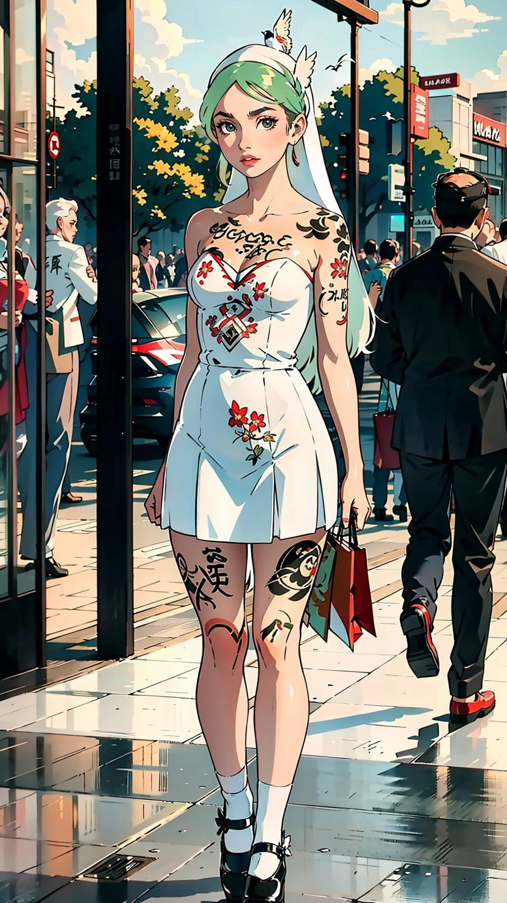 ((full body shot,standing against glass,pose,1girl,groin,shopping mall)),(collarbone,expressionless,looking to the side, white colored skin,white hair,very long hair,hair flower,tube top,black skirt,grey eyes,red eyeliner,((mary janes:1.5))),(pastel colors:1.4,dreamscape,clear sky,white sky,distant bird,crowd,body writing,chinese characters,tattoo, irezumi) <lora:flat2:0.8> <lora:oiled skin:0.3> <lora:CarlesDalmau_v1-CT-R128:0.3> <lora:animeoutlineV4_16:0.2> <lora:flatBG:-0.2> <lora:æå纹身2-000004_1_BODY1:0.3> <lora:badbroirezumi3:0.5> <lora:g31sh4:0.33>