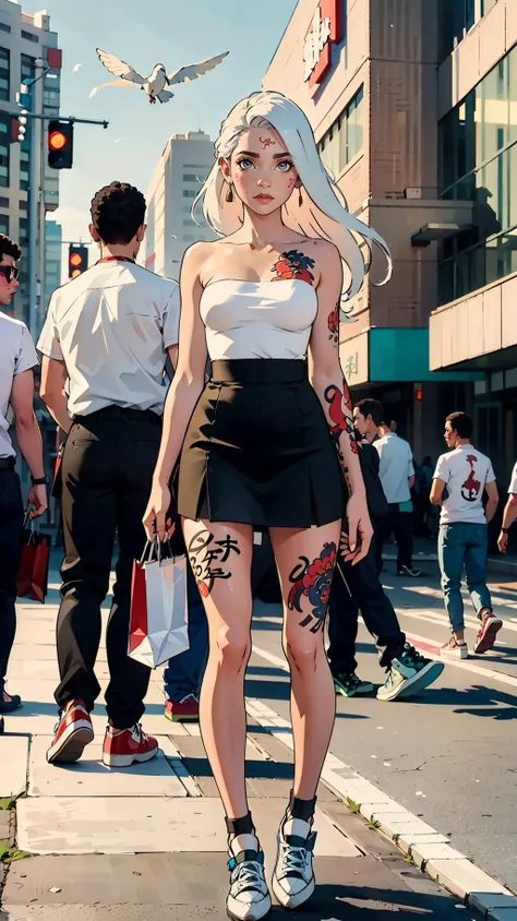 ((full body shot,standing,1girl,groin,shopping mall)),(collarbone,expressionless,looking to the side, white colored skin,white hair,very long hair,hair flower,tube top,black skirt,grey eyes,red eyeliner,((okobo shoes:1.5))),(pastel colors:1.4,dreamscape,clear sky,white sky,distant bird,crowd,body writing,chinese characters,tattoo, irezumi) <lora:flat2:0.8> <lora:oiled skin:0.3> <lora:CarlesDalmau_v1-CT-R128:0.3> <lora:animeoutlineV4_16:0.2> <lora:flatBG:-0.2> <lora:æå纹身2-000004_1_BODY1:0.3> <lora:badbroirezumi3:0.5> <lora:g31sh4:0.33>