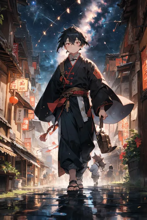 wide Shot,Dutch angle,best quality,(masterpiece,ultra detailed 8k art,Thirties),[best hands:(best hands):10] ,focus 1boy,full body, flat chest,(,pet,China),Creepy,fantasy,half-closed eyes, red eyes ,(1 messy braid ,single braid,dynamic pose:1.3)  BREAK
(Black long wear,A baggy kung fu wear,An oversized kung fu wear,An oversized sleeve,wide sleeve, An oversized Hem width flower pattern clothes) BREAK
black hair,  messy hair,center bangs only absurdly long and between eyes,very long center bangs hair between eyes with cut across face,center bangs cover eye BREAK
geta,red thin obii, A worn-out red bag, expressionless,Sloppy wear,dirty clothes,Drooping shoulders BREAK
bustling downtown,(stone stairs, red lantern:0.8),narrow alley,China,ater lilies,willow tree,wooden building,(rocky mountain:0.25) ,small bridge,pave,midnight,crowd,people,((night sky, mezzanine)),walking person
<lora:eye-nolight_03:0.2> <lora:background & distence control:-1.5> <lora:boldline:-0.2> <lora:flatBG:-0.3> <lora:gender_slider_v1:-2> <lora:zoom_slider_v1:-1>