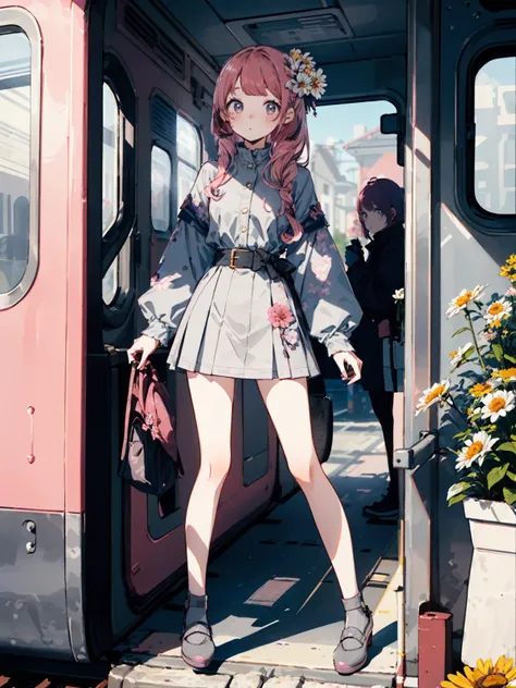 (dappled sunlight, ),(((1girl,pink hair,gray eyes,flower hair ornament,fullbody shot))),(long hair,swept bangs),(slim fit),(Pastel colors:1.6,clear sky,mary janes,daisy,train station ) <lora:oiled skin:0.2> <lora:animeoutlineV4_16:0.2> <lora:flat2:-0.3> <lora:flatBG:0.3> <lora:keke:0.7>