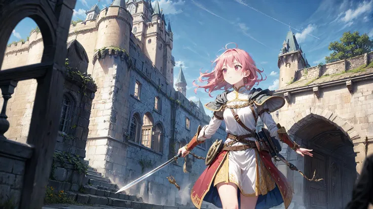 (Medieval European Fantasy:1.2), best quality, ultra detailed, (minor:1.3),
(looking away:1.2), (Various hairstyles:1.3), (depth of field:1.2),
(Warrior:1.4), equipments,
,
medium breasts,
medium hair,
pink hair,
(Inside the castle:1.4),
running,
from front,
,
daytime, <lora:flat2:-0.4> <lora:flatBG:-1.2>