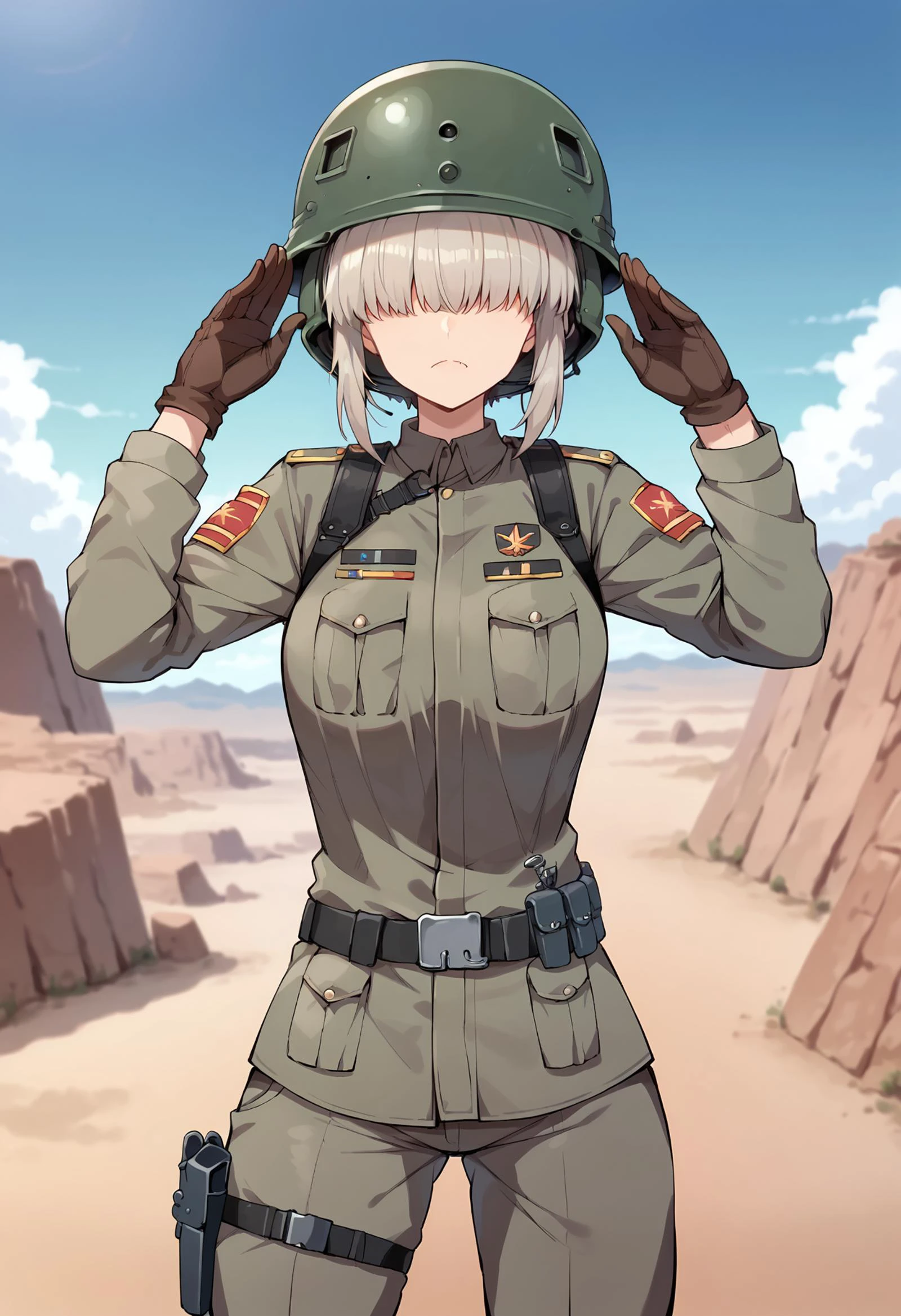 score_9, score_8_up, score_7_up, source_anime, 1girl, solo, looking at viewer, ynguzk, fang, covered eyes, short hair with long locks, soldier, military, long sleeves, military uniform, combat helmet, helmet, outdoors, (desert), contrapposto, legs apart, standing, head tilt, hip focus, gloves, pants, belt, cowboy shot, scenery, horizon, hands on headwear, hands up, blue sky, sun, serious, closed mouth