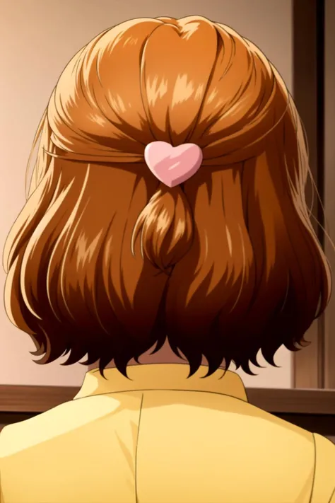 <lyco:GoodHands-beta2:0.6>,<lora:saki_otona:0.65>, saki_otona, short hair, hairclip, heart hair ornament, yellow shirt, solo, portrait, from behind, mature female,