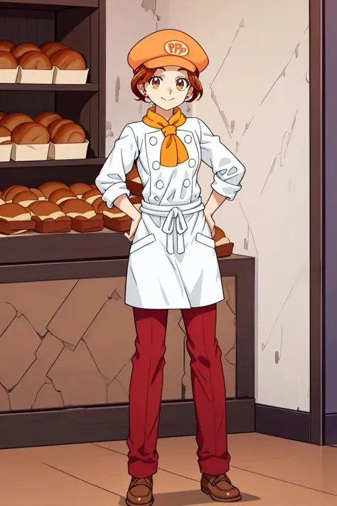 <lyco:GoodHands-beta2:0.6>,<lora:saki_otona:0.65>, saki_otona, , orange cabbie hat, yellow neckerchief, chef coat, waist apron, red pants, brown shoes, earrings, ponytail, standing, hands on own hips, bakery in Paris, full body, solo, smile, from front, mature female, looking at viewer