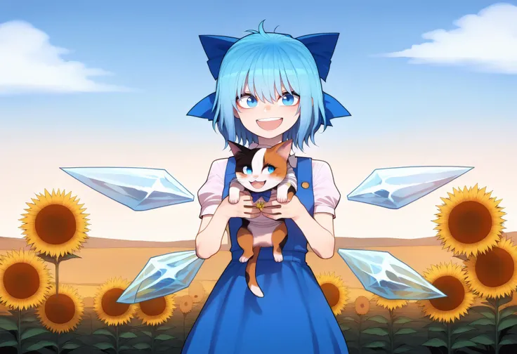 score_9, best quality, masterpiece, uncensored, source_anime
BREAK
1girl, solo, looking at viewer, blush, smile, short hair, open mouth, bangs, blue eyes, shirt, dress, bow, holding, hair between eyes, blue hair, standing, white shirt, flower, short sleeves, :d, hair bow, cowboy shot, outdoors, wings, sky, teeth, day, puffy sleeves, blue sky, puffy short sleeves, blue dress, animal, upper teeth only, blue bow, cat, ice, yellow flower, sunflower, pinafore dress, ice wings, field, holding animal, flower field, holding cat, cirno
<lora:merratatustle_pony_v6:1>