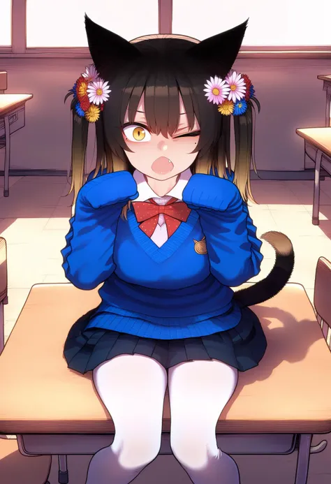 score_9, best quality, masterpiece, uncensored, source_anime
BREAK
1girl, :o, black hair, blush, female focus, flower, hair flower, hair ornament, long hair, looking at viewer, mole, mole under eye, one eye closed, cat tail, cat ears, cat girl, sleeves past wrists, solo, two side up, classroom, white pantyhose, pleated skirt, sitting on desk, fang out, paw pose
<lora:as109_pony_v3:1>