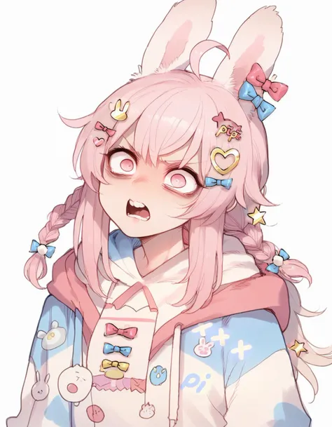 score_9, score_8_up, score_7_up, solo focus, pink hair, rabbit ears, pipkin pippa, hoodie, white background, hair ornament, bangs, braids, hair_bow, ahoge, pink eyes, dead eyes, angry, screaming, crazy eyes, wide-eyed, <lora:merratatustle_pony_v6:0.8>