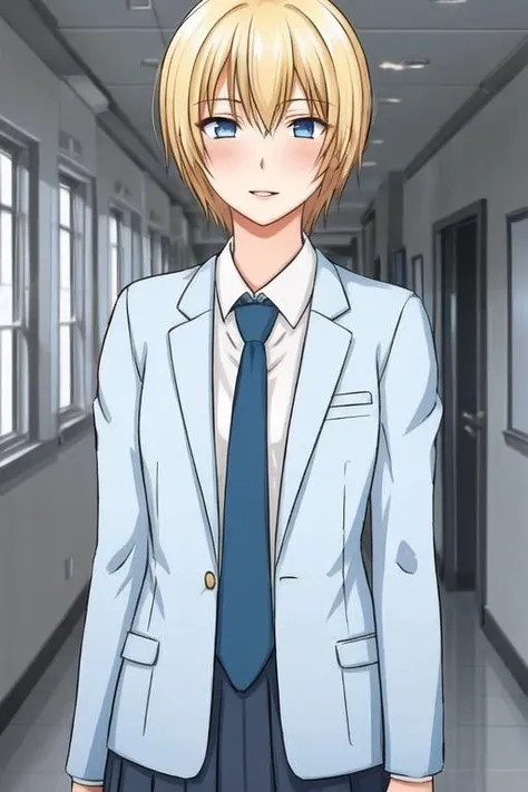 masterpiece, best quality, detailed face, detailed lips, 1boy, <lora:HUDan:0.5>, blonde hair, short hair, blue eyes, necktie, blazer, school uniform, indoors, school, hallway, window, full body,