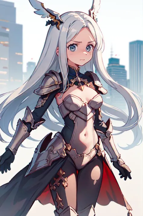 <lora:orenji:1> orenji,, absurdres, ultra detailed, masterpiece, best quality, aesthetic, detailed,, serious, 1girl, (white eyes:1.1), (grey eyes:1.3), white hair, very long hair, parted hair, parted bangs, <lora:parted_hair_v1.3:1.3>, medium breasts,, valkyrie, (bodysuit:1.1), pink wing hair ornament, grey armored skirt, black bodysuit, armor, gauntlets, pink breastplate, greaves, armored dress, pink hues,