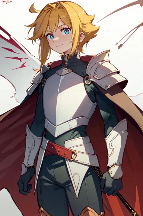 <lora:orenji:1> orenji, red theme,, absurdres, ultra detailed, masterpiece, best quality, aesthetic, detailed,, solo, smile, 1boy, blue eyes, medium blonde hair, parted bangs, hair intakes, male focus, muscular male,, armor, pauldrons, cuirass, gauntlets, waist cape, greaves, black bodysuit, surcoat, shoulder sash, wing shoulder armor, cape, pants,