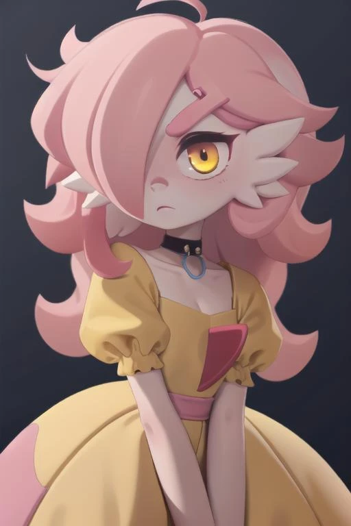 <lora:orenji-15:1> orenji, <lora:gardevoir_v2:0.9> masterpiece, solo, 1girl, gardevoir, (pastel pink hair), fluffy hair, puffy hair, (yellow eyes), black choker BREAK