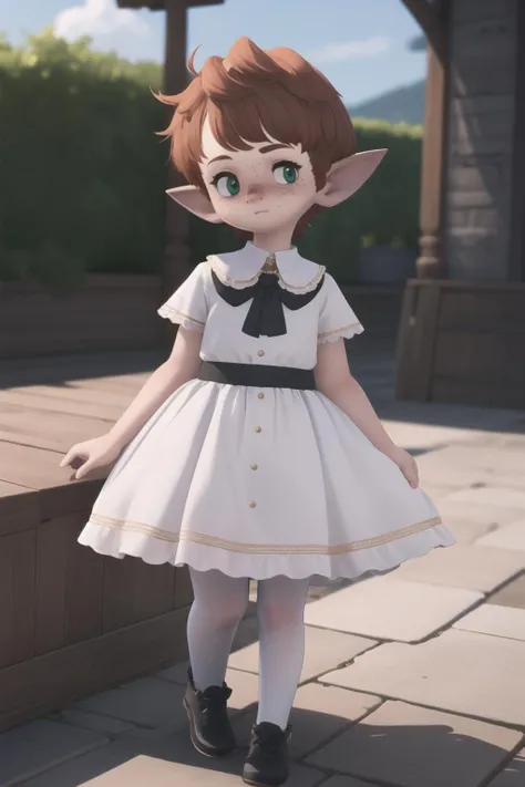 <lora:orenji:1> orenji, 1girl, solo, masterpiece; <lora:MofufuCartoon:0.8> Mofufu, Lalafell, freckles, green eyes; white dress, black pantyhose