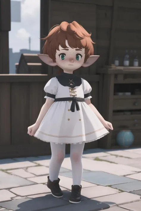 <lora:orenji:1> orenji, 1girl, solo, masterpiece;  <lora:MofufuCartoon:0.8> Mofufu, Lalafell, freckles, green eyes; white dress, black pantyhose