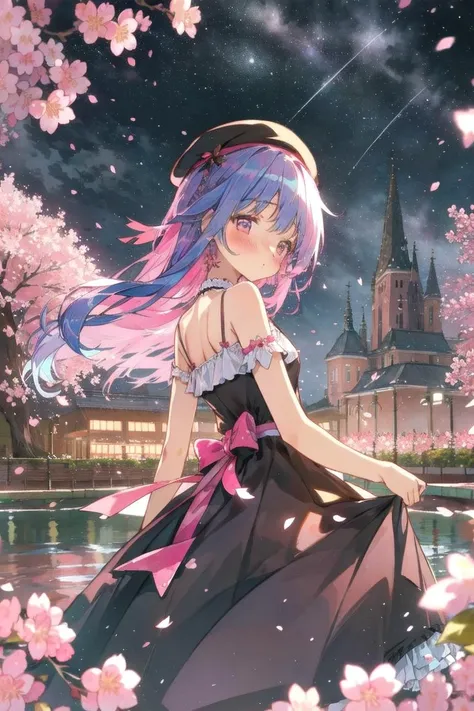 masterpiece,best quality, night, Starry Sky  ,retro townscape, (very cute girl, looking back, blush), flat chest, (cherry blossom:1.2), pink beret, gothic pink dress, frills, ruby eyes, long blue hair, floating petals,