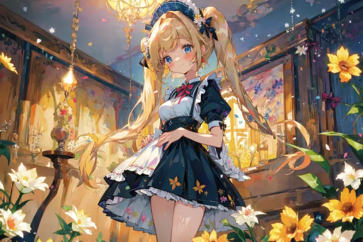 Luxurious house, shining chandeliers,from below,(very cute little girl,blush,closed mouth) smile,medium breasts,maid headdress,maid costume,(twintails,long blonde hair:1.2) BREAK hair bow,drooping blue eyes,