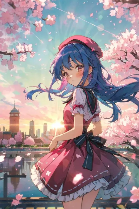 masterpiece,best quality, Sunset, lens flare  ,retro townscape, (very cute girl, looking back, blush), flat chest, (cherry blossom:1.2), pink beret, gothic pink dress, frills, ruby eyes, long blue hair, floating petals,