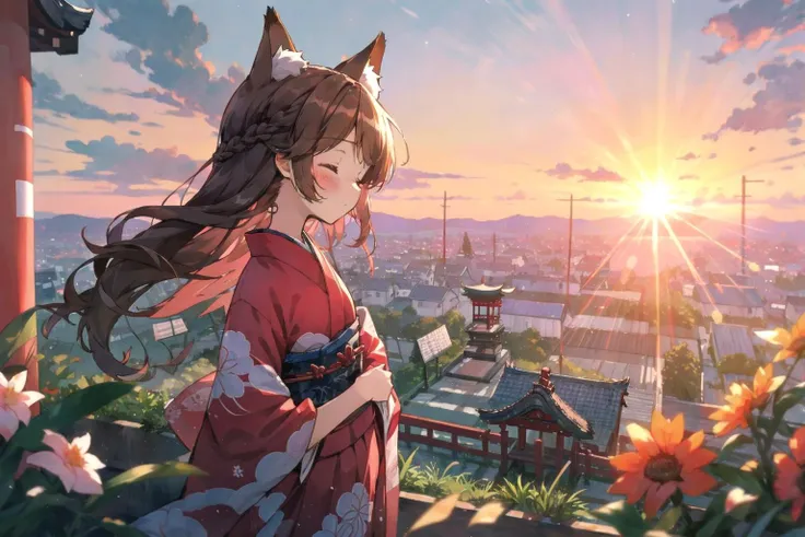 masterpiece,best quality, sunset, evning, japanese shrine, View from the hilltop, (very cute little girl, blush, closed eyes), flat chest, red kimono, french braid, long brown hair, fox ears,