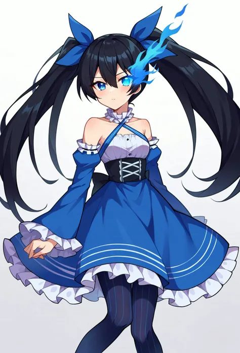 score_9, score_7_up, source_anime, BREAK  <lora:blackrockshooter_blackrockshooter_ponyXL:1> blackrockshooter, black hair, blue eyes, twintails, flaming eye,, hair ribbon, frilled choker, criss-cross halter, sleeveless dress, high-waist skirt, backless dress, blue dress, waist blue bow, detached sleeves, frilled sleeves, wide sleeves, blue sleeves, black pantyhose, patterned legwear, pinstripe pantyhose, mary janes, layered dress,