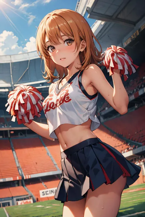 masterpiece, best quality, highres, aairoha, medium hair, <lora:isshiki_iroha_v1:0.7>, cheerleader, pom pom \(clothes\), midriff, miniskirt, stadium, standing, sweat, smile