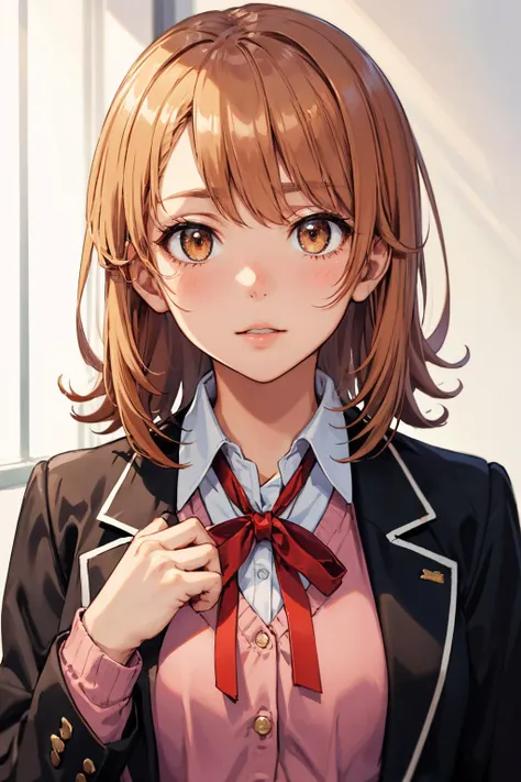 masterpiece, best quality, highres, aairoha, medium hair, school uniform, neck ribbon, collared shirt, blazer, black jacket, open jacket, long sleeves, plaid skirt, <lora:isshiki_iroha_v1:0.7>,close portrait, ð