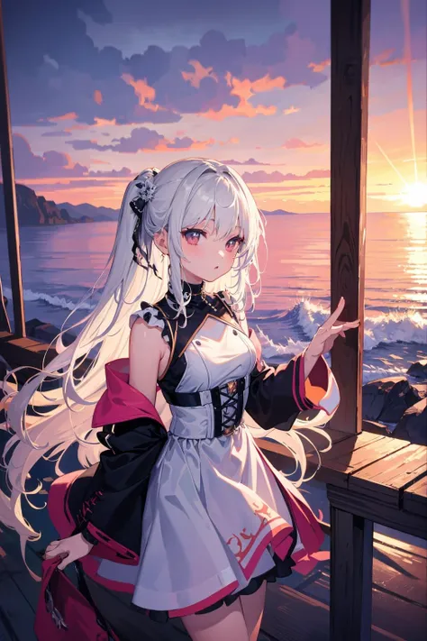 (masterpiece, top quality, best quality, official art, beautiful and aesthetic:1.2),(1girl),extreme detailed,(colorful:1.3),highest detailed,sunset,sea,white hair,