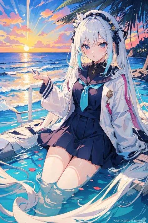 (masterpiece, top quality, best quality, official art, beautiful and aesthetic:1.2),(1girl),extreme detailed,(colorful:1.3),highest detailed,sunset,sea,white hair,