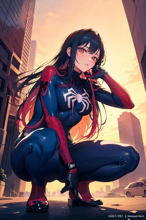 (from below:1.3),(masterpiece, top quality, best quality, official art, beautiful and aesthetic:1.2),(1girl),extreme detailed,(colorful:1.3),highest detailed,sunset,spider-man,city,skyscrapers(squatting:1.3),(split legs:1.1),