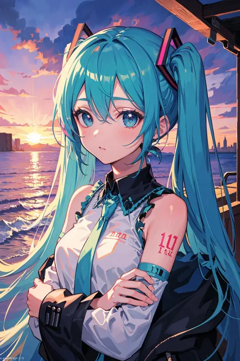 upper body,(masterpiece, top quality, best quality, official art, beautiful and aesthetic:1.2),(1girl),extreme detailed,(colorful:1.3),highest detailed,sunset,sea,hatsune miku,