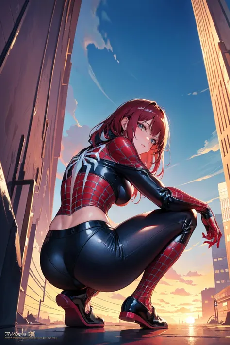 (from below:1.3),(masterpiece, top quality, best quality, official art, beautiful and aesthetic:1.2),(1girl),extreme detailed,(colorful:1.3),highest detailed,sunset,spider-man,city,skyscrapers(squatting:1.3),(split legs:1.1),