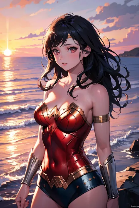 upper body,(masterpiece, top quality, best quality, official art, beautiful and aesthetic:1.2),(1girl),extreme detailed,(colorful:1.3),highest detailed,sunset,sea,wonder woman,