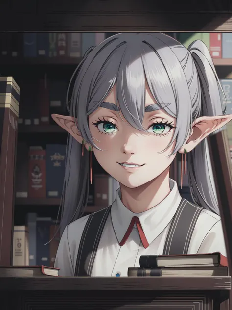 (masterpiece:1.2, best quality:1.1, highres,absurdres, high quality),(photorealistic:1.1),reflected light, colorful,ultra-detailed, ultra hd, super detailed,
frieren, green eyes, grey hair, twintails, pointy ears, thick eyebrows, earrings, small breasts, bp1,bookshelf pov, bookshelf, books, library, evil smile,
<lora:LowRA:0.4> <lora:Frieren:0.8> <lora:bookshelfpov:0.6>