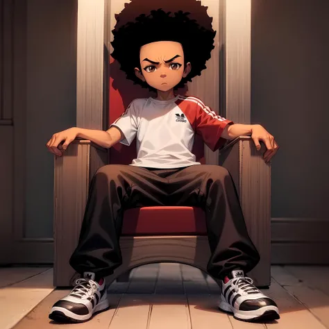 ((masterpiece, best quality)),(complex lighting),solo,1boy,full body, dark skin, black hair, brown eyes, afro, (adidas shirt:1),adidas pants, huey freeman, <lora:HueyFreeman1:0.6>, boots, throne, <lora:SittingOnThrone1-10:0.6>