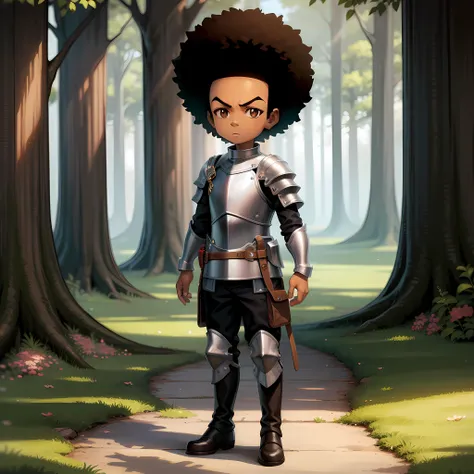 ((masterpiece, best quality)),(complex lighting),solo,1boy,full body, dark skin, black hair, brown eyes, afro, (knight armor:1), huey freeman, <lora:HueyFreeman1:0.6>, forest, boots,