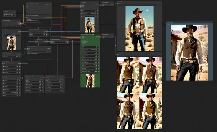 a man wearing a cowboy hat and holding a gun in his right hand while standing in the desert