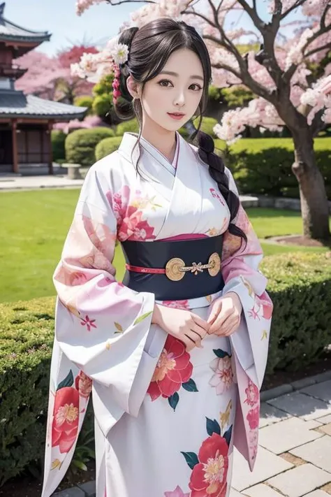 japanese woman in japanese castle park, cute kimono outfit, masterpiece, best quality, official art, unity 8k wallpaper, ultra detailed, beautiful and aesthetic, beautiful, 1girl, kawaii_asian:0.2, <lora:realistic_kimono_clothes:0.2>