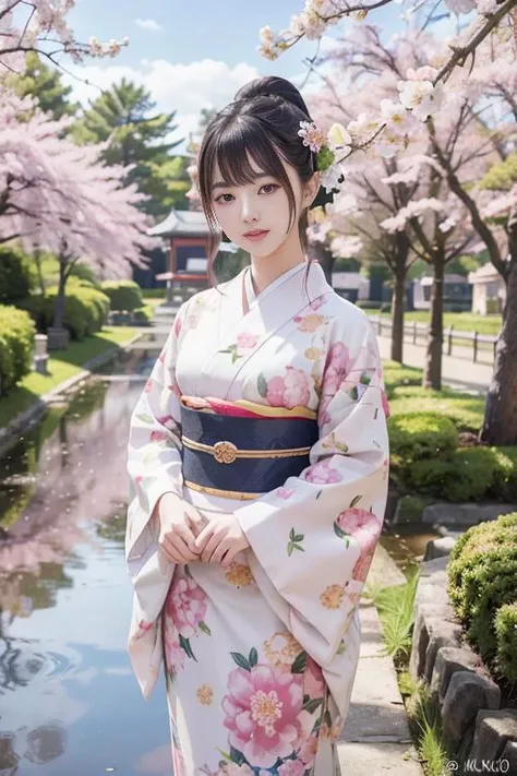 japanese woman in japanese castle park, cute kimono outfit, masterpiece, best quality, official art, unity 8k wallpaper, ultra detailed, beautiful and aesthetic, beautiful, 1woman, kawaii_asian:0.2, <lora:realistic_kimono_clothes:0.5>