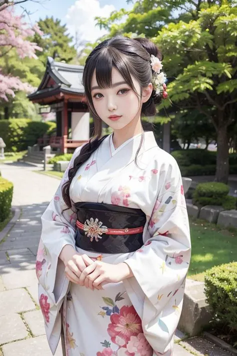 japanese woman in japanese castle park, cute kimono outfit, masterpiece, best quality, official art, unity 8k wallpaper, ultra detailed, beautiful and aesthetic, beautiful, 1woman, kawaii_asian:0.2, <lora:realistic_kimono_clothes:0.5>
